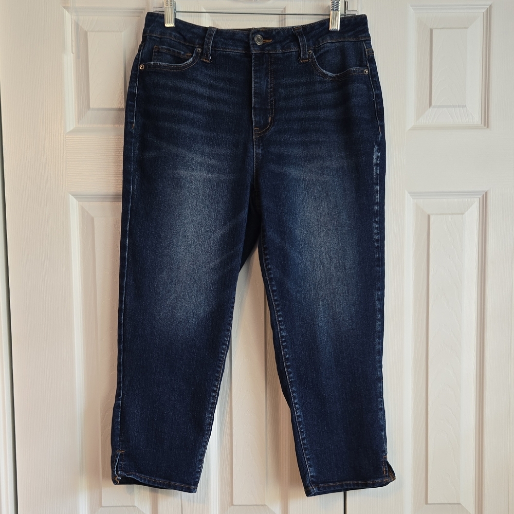 Time and Tru | Slim Fit Capri Jeans with Side Slit Hem Dark Wash